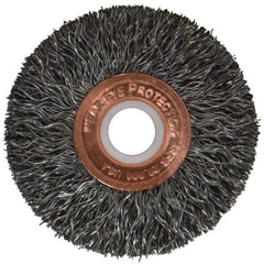 Weiler - 2" OD, 1/2" Arbor Hole, Crimped Steel Wheel Brush - 3/8" Face Width, 1/2" Trim Length, 0.0118" Filament Diam, 20,000 RPM - Exact Industrial Supply