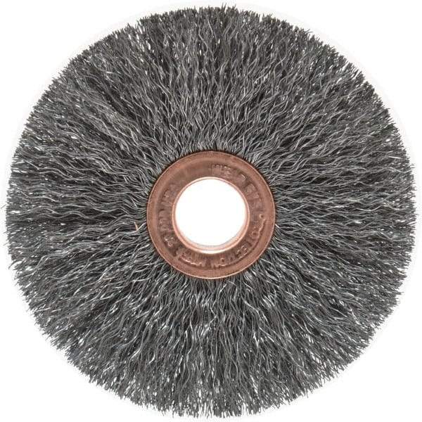 Weiler - 3" OD, 1/2" Arbor Hole, Crimped Steel Wheel Brush - 5/8" Face Width, 1" Trim Length, 0.008" Filament Diam, 20,000 RPM - Exact Industrial Supply