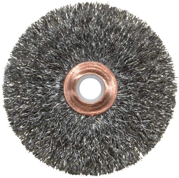 Weiler - 3" OD, 1/2" Arbor Hole, Crimped Steel Wheel Brush - 5/8" Face Width, 1" Trim Length, 0.0118" Filament Diam, 20,000 RPM - Exact Industrial Supply