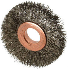 Weiler - 2" OD, 1/2" Arbor Hole, Crimped Stainless Steel Wheel Brush - 3/8" Face Width, 1/2" Trim Length, 0.0104" Filament Diam, 20,000 RPM - Exact Industrial Supply