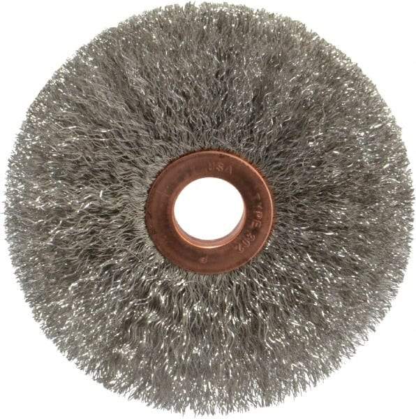 Weiler - 3" OD, 1/2" Arbor Hole, Crimped Stainless Steel Wheel Brush - 5/8" Face Width, 1" Trim Length, 0.006" Filament Diam, 20,000 RPM - Exact Industrial Supply