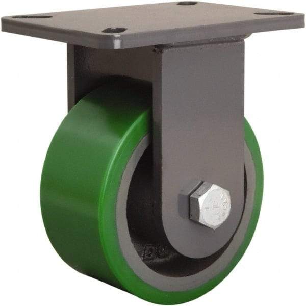 Hamilton - 6" Diam x 3" Wide x 8" OAH Top Plate Mount Rigid Caster - Polyurethane Mold onto Cast Iron Center, 2,200 Lb Capacity, Tapered Roller Bearing, 5-1/4 x 7-1/4" Plate - Exact Industrial Supply