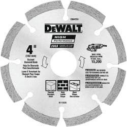 DeWALT - 4" Diam, 5/8 & 7/8" Arbor Hole Diam, 8 Tooth Wet & Dry Cut Saw Blade - Diamond-Tipped, Straight Action, Standard Round Arbor - Exact Industrial Supply