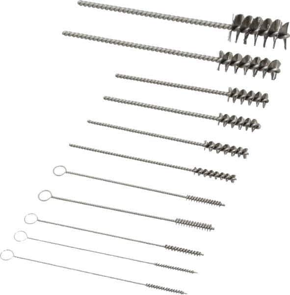 PRO-SOURCE - 11 Piece Stainless Steel Hand Tube Brush Set - 3/4" to 1-1/2" Brush Length, 4" OAL, 0.034" Shank Diam, Includes Brush Diams 1/4", 5/16", 3/8", 1/2" & 3/4" - Exact Industrial Supply