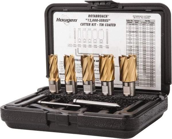 Hougen - 8 Piece, 9/16 to 1-1/16" Cutter Diam, 1" Cutting Depth, High Speed Steel Annular Cutter Set - TiN Finish, 3/4" Shank Diam, 9/16, 11/16, 13/16, 15/16, 1-1/16" Cutter Diams, 2 Flats on Shank - Exact Industrial Supply