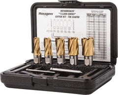 Hougen - 8 Piece, 9/16 to 1-1/16" Cutter Diam, 1" Cutting Depth, High Speed Steel Annular Cutter Set - TiN Finish, 3/4" Shank Diam, 9/16, 11/16, 13/16, 15/16, 1-1/16" Cutter Diams, 2 Flats on Shank - Exact Industrial Supply