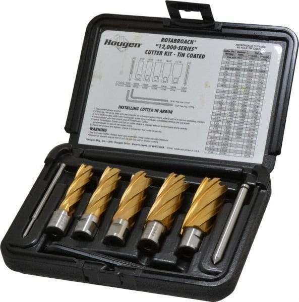 Hougen - 9 Piece, 9/16 to 1-1/16" Cutter Diam, 2" Cutting Depth, High Speed Steel Annular Cutter Set - TiN Finish, 3/4" Shank Diam, 9/16, 11/16, 13/16, 15/16, 1-1/16" Cutter Diams, 2 Flats on Shank - Exact Industrial Supply