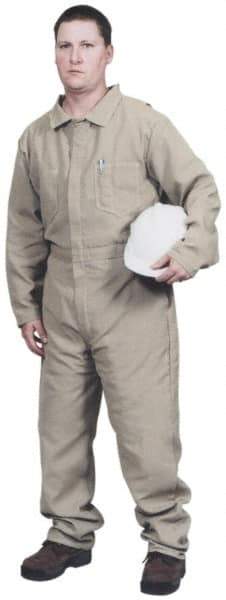 Stanco Safety Products - Size M, Tan, Zipper, Flame Resistant/Retardant Coverall - 38 to 40" Chest, Indura, 7 Pockets, Elastic Waistband, Full Action Back, 2-Way Concealed Zipper - Exact Industrial Supply