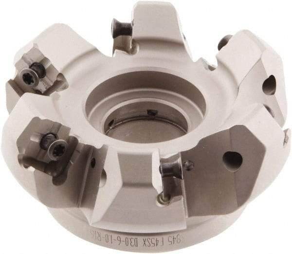 Iscar - 3.58" Cut Diam, 1" Arbor Hole, 0.276" Max Depth of Cut, 45° Indexable Chamfer & Angle Face Mill - 6 Inserts, S845 SX.U 16.. Insert, Right Hand Cut, 6 Flutes, Through Coolant, Series Helido - Exact Industrial Supply