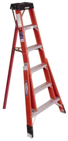 Werner - 6 Steps, 6' High, Type IA Rating, Fiberglass Tripod Step Ladder - 300 Lb Load Capacity, 36" Base Width - Exact Industrial Supply