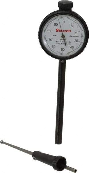 Starrett - 0.2 Inch Range, 0.001 Inch Dial Graduation, Dial Test Indicator - 1-11/16 Inch White Dial, 0-100 Dial Reading - Exact Industrial Supply