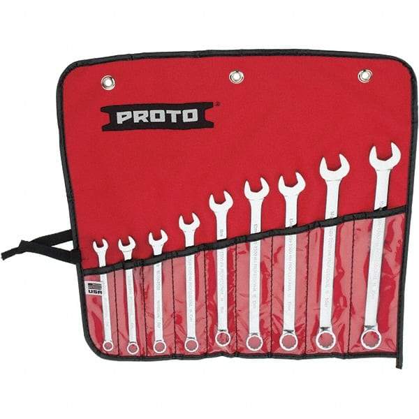 Proto - 9 Piece, 7mm to 15mm, 12 Point Combination Wrench Set - Metric Measurement Standard, Full Polish Finish, Comes in Vinyl Roll - Exact Industrial Supply