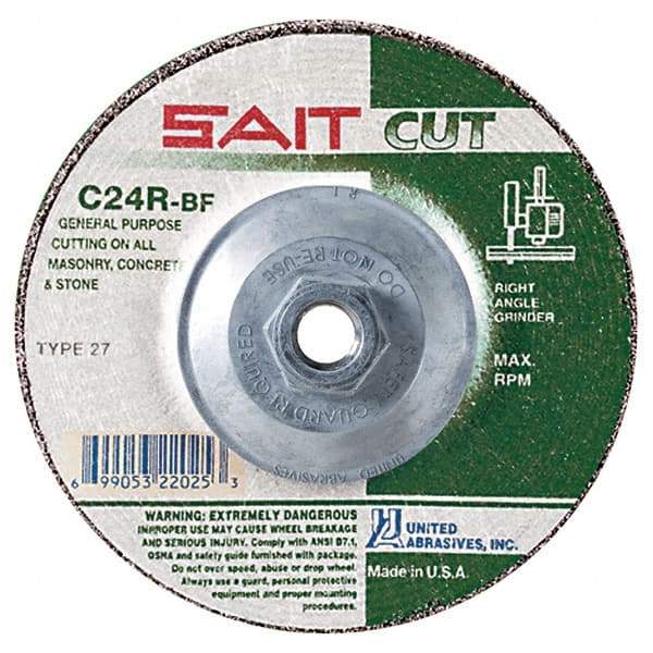 Sait - 24 Grit, 5" Wheel Diam, 1/8" Wheel Thickness, Type 27 Depressed Center Wheel - Silicon Carbide, Resinoid Bond, R Hardness, 12,200 Max RPM, Compatible with Angle Grinder - Exact Industrial Supply