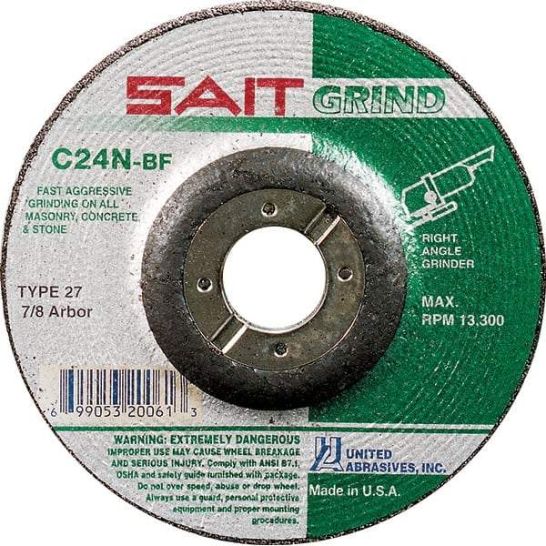 Sait - 24 Grit, 9" Wheel Diam, 1/4" Wheel Thickness, 7/8" Arbor Hole, Type 27 Depressed Center Wheel - Silicon Carbide, Resinoid Bond, N Hardness, 6,600 Max RPM, Compatible with Angle Grinder - Exact Industrial Supply
