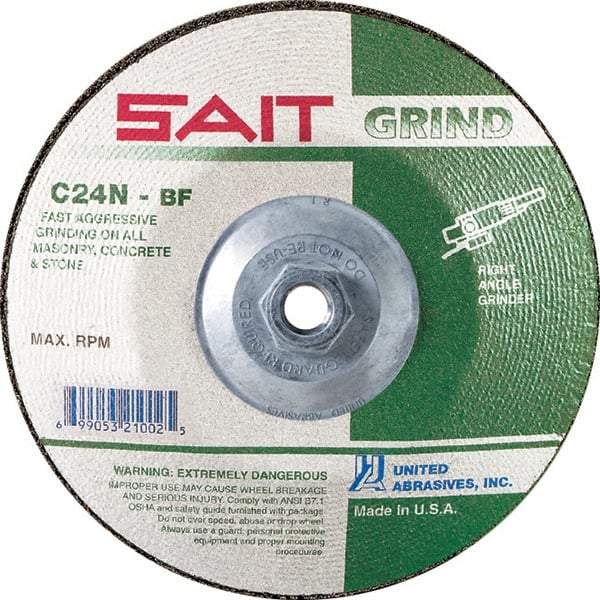 Sait - 24 Grit, 5" Wheel Diam, 1/4" Wheel Thickness, Type 27 Depressed Center Wheel - Silicon Carbide, Resinoid Bond, N Hardness, 12,200 Max RPM, Compatible with Angle Grinder - Exact Industrial Supply