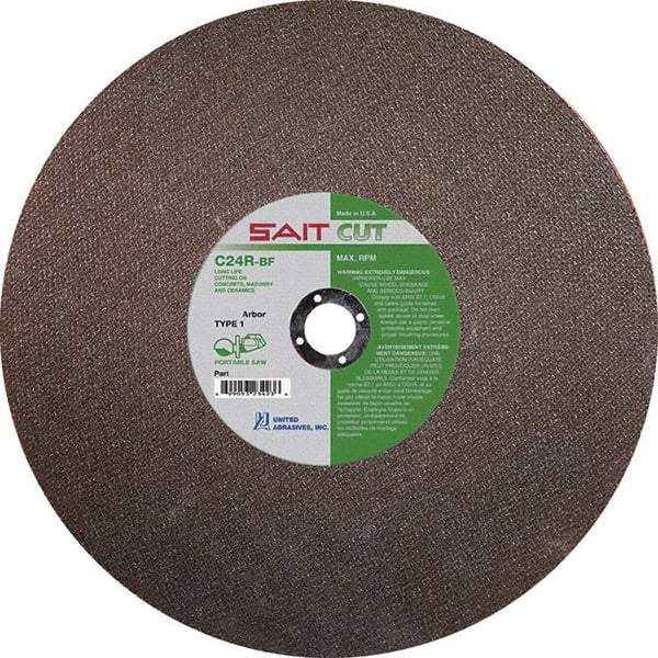 Sait - 14" 24 Grit Silicon Carbide Cutoff Wheel - 1/8" Thick, 1" Arbor, 5,400 Max RPM, Use with Portable Tools - Exact Industrial Supply