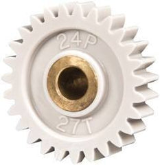 Made in USA - 24 Pitch, 1-1/8" Pitch Diam, 1.208" OD, 27 Tooth Spur Gear - 1/4" Face Width, 1/4" Bore Diam, 5/8" Hub Diam, 20° Pressure Angle, Acetal - Exact Industrial Supply