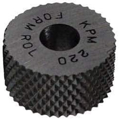 Made in USA - 5/16" Diam, 70° Tooth Angle, 50 TPI, Standard (Shape), Form Type High Speed Steel Male Diamond Knurl Wheel - 5/32" Face Width, 1/8" Hole, Circular Pitch, 30° Helix, Bright Finish, Series BP - Exact Industrial Supply