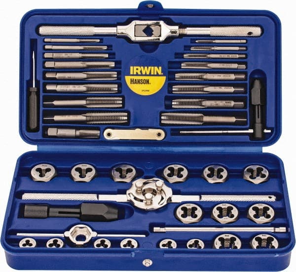 Tap & Die Set: 1/8-28 to 1/8-28 Taps, 1/8-28 to 1/8-28 Dies, BSP, Metric Coarse & Metric Fine Carbon Steel, Bright Finish, 1 & 5/8″ Hex Dies, Plug & Taper, 41 Pc