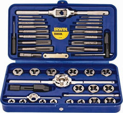 Irwin Hanson - M3x0.50 to M12x1.75 Tap, M3x0.50 to M12x1.75 Die, BSP, Metric Coarse, Metric Fine, Tap and Die Set - Bright Finish Carbon Steel, Carbon Steel Taps, Nonadjustable 5/8, 1" Hex Size, 41 Piece Set with Plastic Case - Exact Industrial Supply