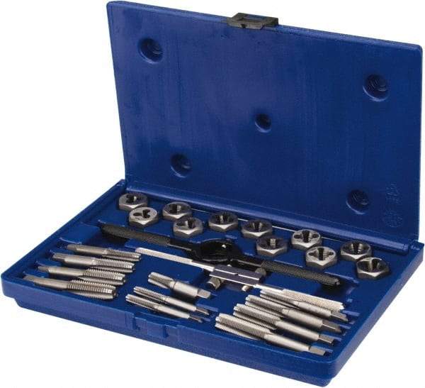 Irwin Hanson - 1/8-27 to 1/2-20 Tap, 1/8-27 to 1/2-20 Die, NPT, UNC, UNF, Tap and Die Set - Bright Finish Carbon Steel, Carbon Steel Taps, Nonadjustable 1" Hex Size, 24 Piece Set with Plastic Case - Exact Industrial Supply