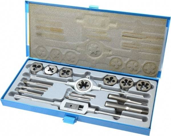 Interstate - 1/4-28 to 3/4-16 Tap, UNF, Tap and Die Set - High Speed Steel, High Speed Steel Taps, Adjustable, 16 Piece Set with Metal Case - Exact Industrial Supply
