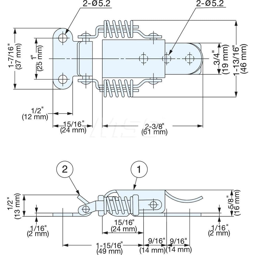 Latches; Type: Spring Loaded Compression Draw Latch; Length (mm): 61.00; Width (mm): 46.00; Height (mm): 16.0000; Finish/Coating: Polished; Distance Between Mounting Hole Centers: 25; Minimum Order Quantity: 304 Stainless Steel; Material: 304 Stainless St