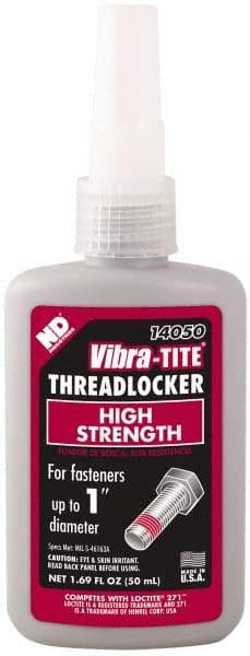 Vibra-Tite - 50 mL Bottle, Red, High Strength Liquid Threadlocker - Series 140, 24 hr Full Cure Time, Hand Tool, Heat Removal - Exact Industrial Supply