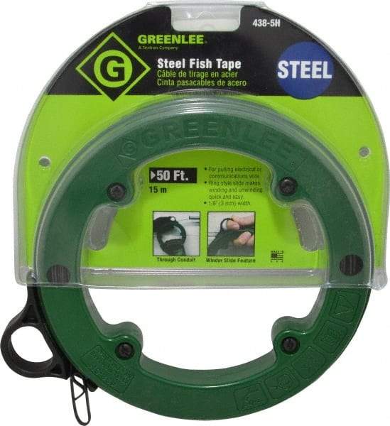 Greenlee - 50 Ft. Long x 1/8 Inch Wide, 3/64 Inch Thick, Steel Fish Tape - 400 Lb. Pulling Strength, Includes Case - Exact Industrial Supply