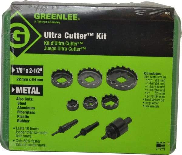 Greenlee - 9 Piece, 7/8" to 2-1/2" Saw Diam, Electrician's Hole Saw Kit - High Speed Steel, Toothed Edge, Includes 6 Hole Saws - Exact Industrial Supply