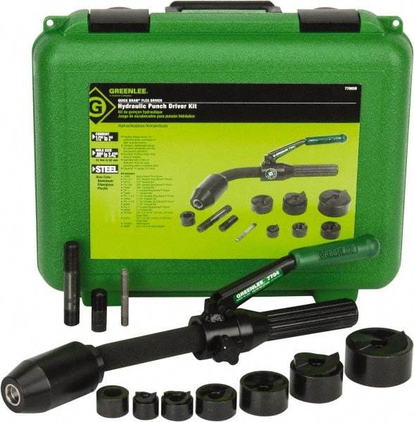 Greenlee - 11 Piece, 1/2 to 2" Punch Hole Diam, Hydraulic Punch Driver Kit - Round Punch, 10 Gage Mild Steel - Exact Industrial Supply