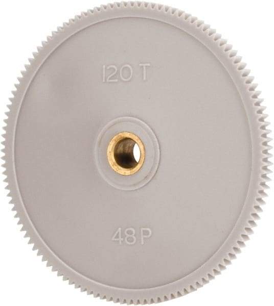 Made in USA - 48 Pitch, 2-1/2" Pitch Diam, 2.542" OD, 120 Tooth Spur Gear - 1/8" Face Width, 1/4" Bore Diam, 39/64" Hub Diam, 20° Pressure Angle, Acetal - Exact Industrial Supply