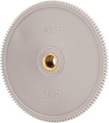 Made in USA - 48 Pitch, 2-1/2" Pitch Diam, 2.542" OD, 120 Tooth Spur Gear - 1/8" Face Width, 1/4" Bore Diam, 39/64" Hub Diam, 20° Pressure Angle, Acetal - Exact Industrial Supply