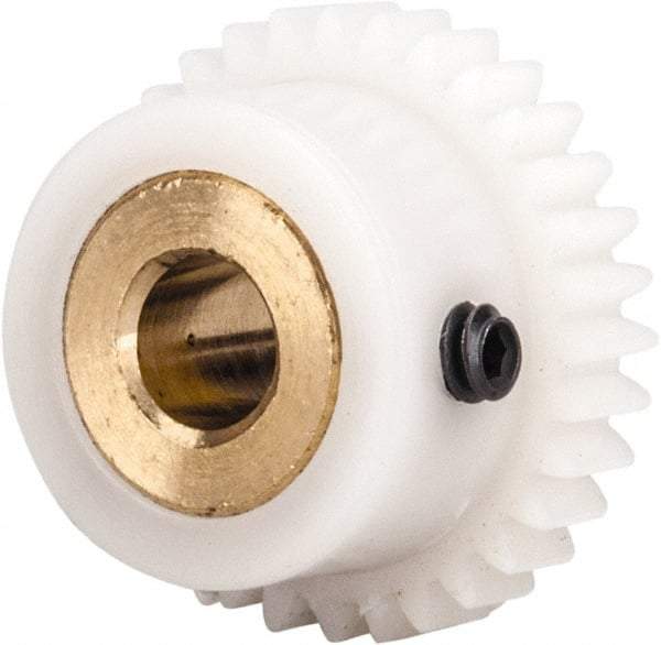 Made in USA - 48 Pitch, 0.667" Pitch Diam, 0.708" OD, 32 Tooth Spur Gear - 1/8" Face Width, 3/16" Bore Diam, 35/64" Hub Diam, 20° Pressure Angle, Acetal - Exact Industrial Supply