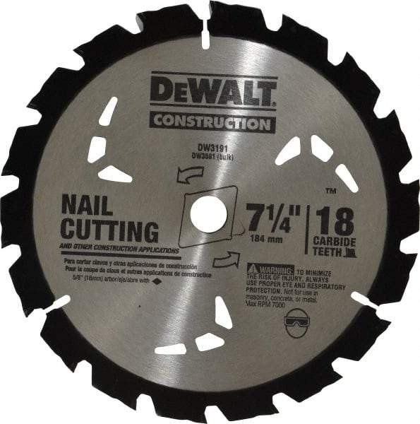 DeWALT - 7-1/4" Diam, 5/8" Arbor Hole Diam, 18 Tooth Wet & Dry Cut Saw Blade - Carbide-Tipped, General Purpose Action, Diamond Arbor - Exact Industrial Supply