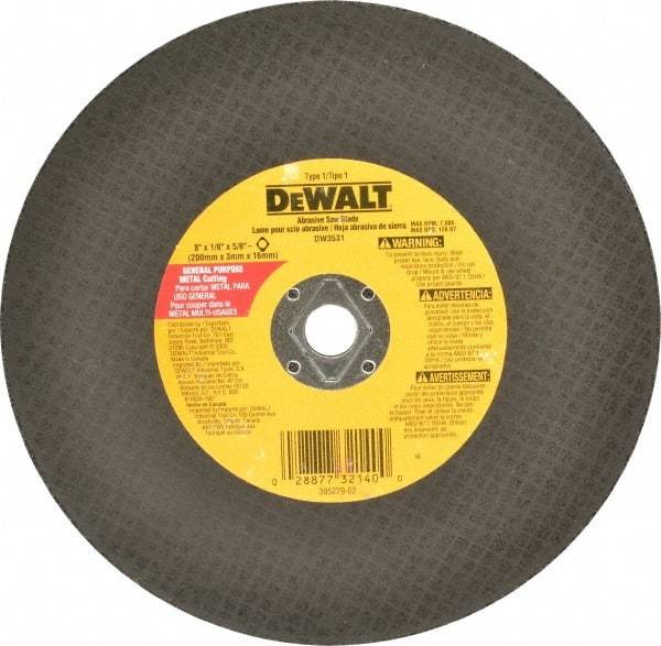 DeWALT - 8" Aluminum Oxide Cutoff Wheel - 1/8" Thick, 5/8" Arbor, 7,600 Max RPM, Use with Circular Saws - Exact Industrial Supply