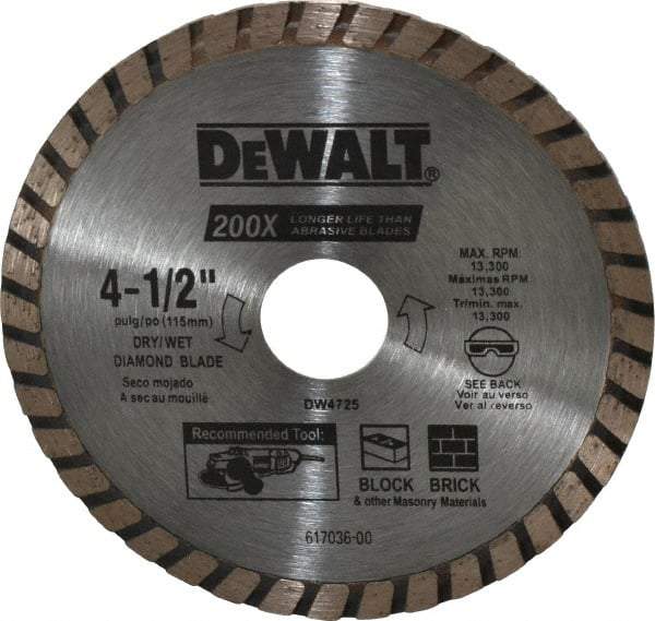 DeWALT - 4-1/2" Diam, 7/8" Arbor Hole Diam, Wet & Dry Cut Saw Blade - Diamond-Tipped, Standard Round Arbor - Exact Industrial Supply