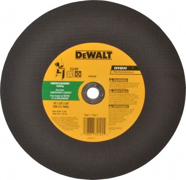 DeWALT - 10" 24 Grit Silicon Carbide Cutoff Wheel - 1/8" Thick, 5/8" Arbor, 6,100 Max RPM, Use with Stationary Tools - Exact Industrial Supply