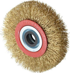 Value Collection - 4" OD, 3/4" Arbor Hole, Crimped Brass-Coated Steel Wheel Brush - 3/4" Face Width, 11/16" Trim Length, 0.014" Filament Diam, 8,000 RPM - Exact Industrial Supply