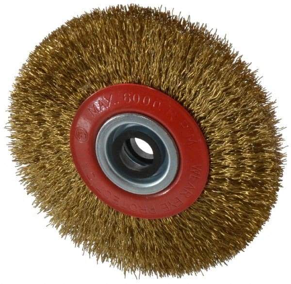 Value Collection - 5" OD, 3/4" Arbor Hole, Crimped Brass-Coated Steel Wheel Brush - 11/16" Face Width, 1-3/32" Trim Length, 0.014" Filament Diam, 6,000 RPM - Exact Industrial Supply