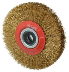 Value Collection - 5" OD, 3/4" Arbor Hole, Crimped Brass-Coated Steel Wheel Brush - 1" Face Width, 1-3/32" Trim Length, 0.014" Filament Diam, 6,000 RPM - Exact Industrial Supply