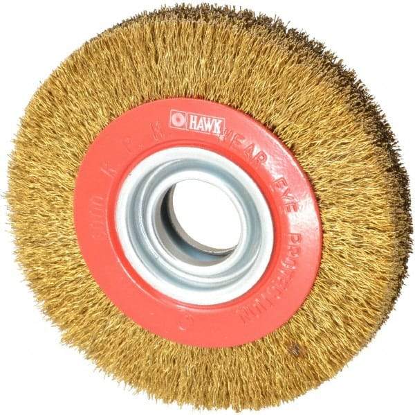 Value Collection - 6" OD, 1-1/4" Arbor Hole, Crimped Brass-Coated Steel Wheel Brush - 1" Face Width, 1-1/8" Trim Length, 0.014" Filament Diam, 6,000 RPM - Exact Industrial Supply