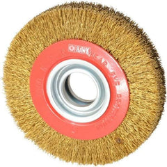 Value Collection - 6" OD, 1-1/4" Arbor Hole, Crimped Brass-Coated Steel Wheel Brush - 1" Face Width, 1-1/8" Trim Length, 0.014" Filament Diam, 6,000 RPM - Exact Industrial Supply
