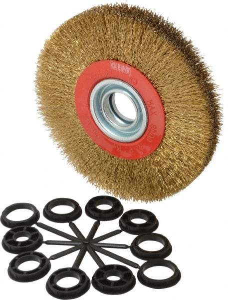 Value Collection - 7" OD, 1-1/4" Arbor Hole, Crimped Brass-Coated Steel Wheel Brush - 1" Face Width, 1-1/2" Trim Length, 0.014" Filament Diam, 6,000 RPM - Exact Industrial Supply