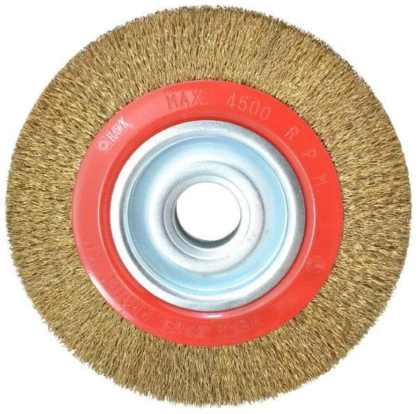 Value Collection - 8" OD, 1-1/4" Arbor Hole, Crimped Brass-Coated Steel Wheel Brush - 1" Face Width, 1-11/32" Trim Length, 0.014" Filament Diam, 4,500 RPM - Exact Industrial Supply