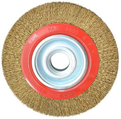 Value Collection - 8" OD, 1-1/4" Arbor Hole, Crimped Brass-Coated Steel Wheel Brush - 1" Face Width, 1-11/32" Trim Length, 0.014" Filament Diam, 4,500 RPM - Exact Industrial Supply