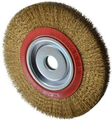 Value Collection - 10" OD, 1-1/4" Arbor Hole, Crimped Brass-Coated Steel Wheel Brush - 1" Face Width, 1-15/32" Trim Length, 0.014" Filament Diam, 3,000 RPM - Exact Industrial Supply