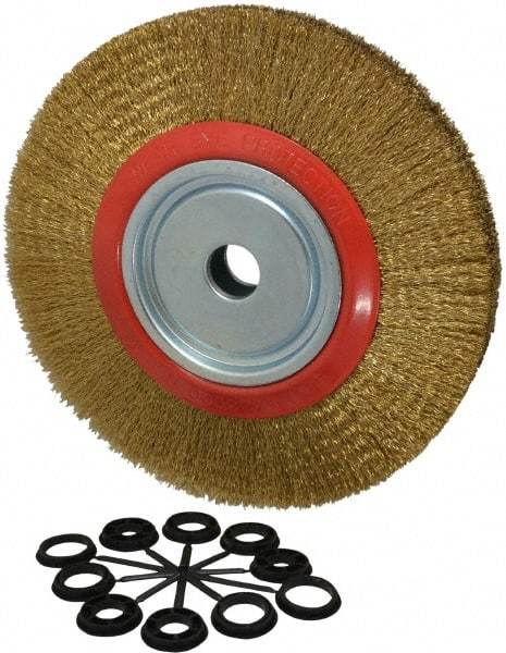 Value Collection - 12" OD, 1-1/4" Arbor Hole, Crimped Brass-Coated Steel Wheel Brush - 1-21/32" Face Width, 2-3/8" Trim Length, 0.014" Filament Diam, 3,000 RPM - Exact Industrial Supply