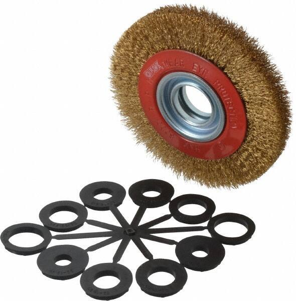 Value Collection - 6" OD, 1-1/4" Arbor Hole, Crimped Brass-Coated Steel Wheel Brush - 11/16" Face Width, 1-1/8" Trim Length, 0.012" Filament Diam, 6,000 RPM - Exact Industrial Supply