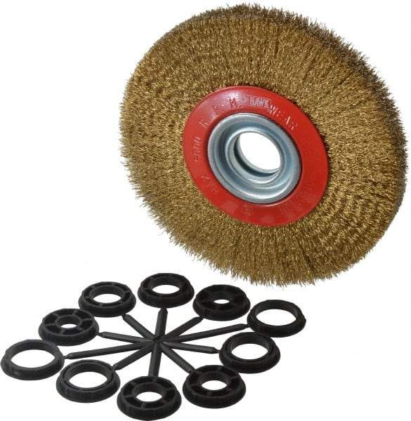 Value Collection - 7" OD, 1-1/4" Arbor Hole, Crimped Brass-Coated Steel Wheel Brush - 1" Face Width, 1-1/2" Trim Length, 0.012" Filament Diam, 6,000 RPM - Exact Industrial Supply